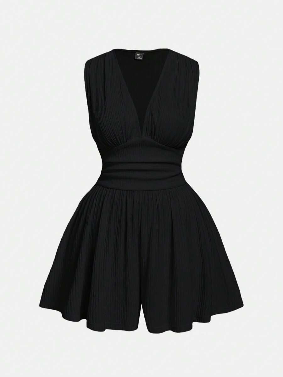 SHEIN MOD Combinaison noire ample à col en V et taille marquée avec jambe large pour grande taille