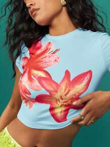 MISSGUIDED Áo thun in hoa cho bé mùa hè Áo crop top họa tiết hoa loa kèn Hawaii tay ngắn ôm vừa vặn co giãn thường ngày lễ hội bãi biển thời trang - Màu xanh lam - Xem 3