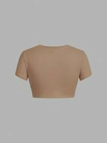 SHEIN EZwear 4pcs/Set Simple Solid Color Crew Neck Short Sleeve Cropped Fitted Women T-Shirts, Suitable For Summer - Multicolor - View 6