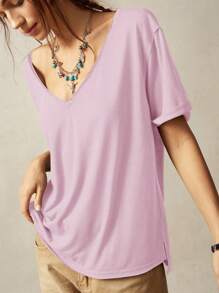 Bohemela 女士休闲纯色V领短袖宽松T恤 - 粉色 - 查看 4