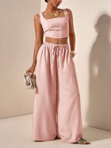 Slaydiva 新款春夏度假休闲卡其色人字纹吊带背心和阔腿裤两件套，带口袋，质感面料，女士大码 - 粉色 - 查看 3