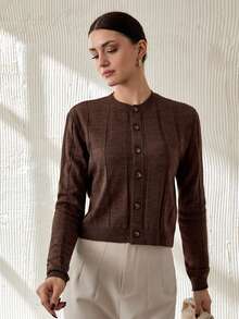 EURMUSE Chic Ribbed Knit Button-Up Cardigan In Deep Charcoal With Round Neckline And Fitted Long Sleeves,Cardigans,Petite,Tall - Brown - View 4