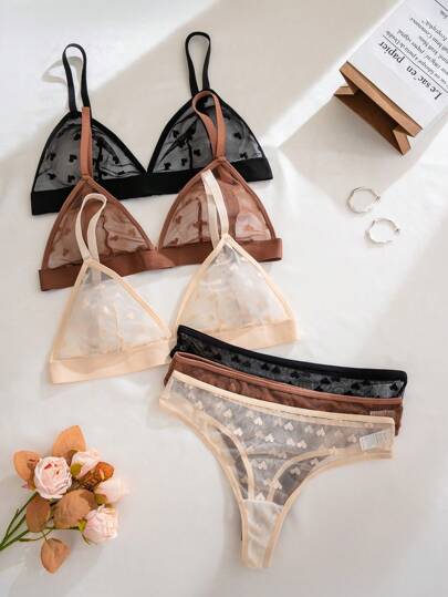 Verleidelijke Doorschijnende Heart Jacquard Mesh Wireless Triangle BH Lingerie Set view 3