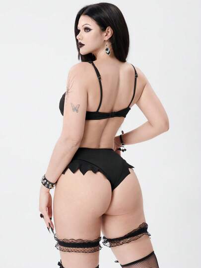 Goth Women's Solid Color Tie Strap Sexy Bikini Swimsuit Set, Summer Beach