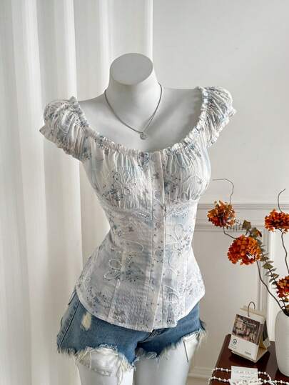 Sweetra French Retro Sexy Square Neck Sequins Embroidered Floral Lace Patchwork Short Sleeve Shirt, Fitted Slim-Fit Summer Women's Blouse