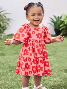 Cozy Pixies Đầm bé gái cổ tròn tay ngắn họa tiết hoa nhỏ xinh xắn có eo thắt - Hồng - Xem 1