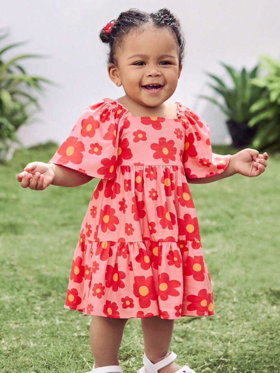 Cozy Pixies Đầm bé gái cổ tròn tay ngắn họa tiết hoa nhỏ xinh xắn có eo thắt - Hồng - Xem 1