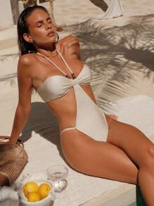 Swim Chiccia Damen Neckholder Rückenfreier Badeanzug mit Cut Out-Perlen-Dekor, sexy & elegant, Mode-Party- & Strandresort-Bekleidung - Aprikosenfarben - Übersicht 3