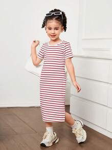 SHEIN Young Girl Fashion Knit Striped Round Neck Snug Fit Casual Dress - Red - View 4