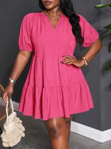 Slaydiva 大码女式宽松休闲度假纯色蓝色灯笼袖荷叶边拼接A字娃娃裙，吊带裙，夏季女装 - 玫紅色 - 查看 9