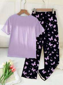 2pcs Set Tween Girl Casual & Crew Neck Purple Short Sleeve Butterfly Printed Top And Loose Knit Pants Pajamas