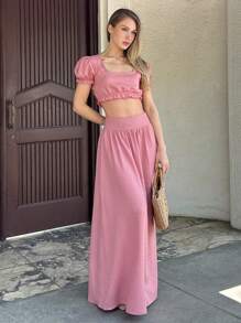 EURMUSE Women's Vacation Set  Shoulder Ruffled Crew Neck Top And Ruffled Maxi Skirt With Pleat. Chic And Cozy - Baby Pink - View 7