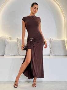 SHEIN Clasi Damen elegantes Maxikleid mit schlanker Passform und Metallschnallen-Dekor, Urlaubs-Sommer