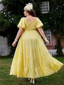 Flirla 大码女式复古泡泡袖荷叶边腰可爱优雅灯笼袖迷你连衣裙，方领，面料拼接长裙，适合春夏派对和旅行 - 黃色 - 查看 2