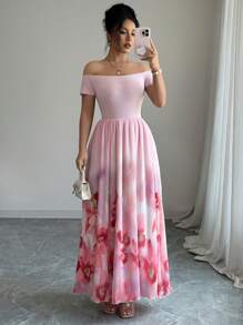 Elenzga Women's Elegant One Shoulder Tropical Plant Floral Print A-Line Maxi Dress With Drapes, Fashionable For Spring/Summer - Pink - View 5