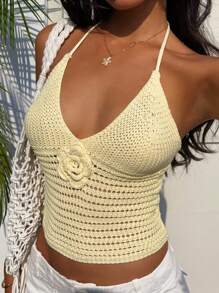 SHEIN EZwear New Summer Beach Vacation Outfits Music Festival  Butter Yellow Tops Women 3D Floral Solid Sleeveless Hollow Out Knit Camisole Top, Summer