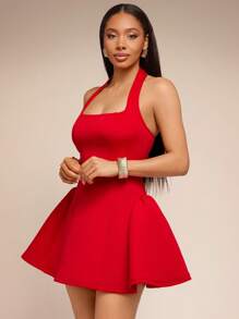 Vixey 纯色 Ponte 挂脖修身喇叭迷你连衣裙 - 紅色 - 查看 4