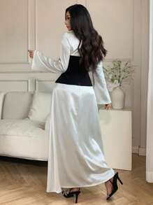 DAZY Damen Rundhals Langarm einfarbiges Midi-Kleid, Herbst - Schwarz und Weiss - Übersicht 2