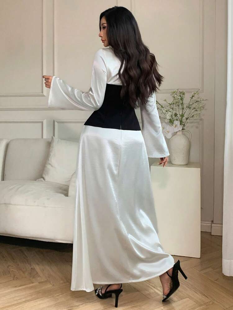 Women's Round Neck Long Sleeve Monochrome Mid-Length Dress, Fall