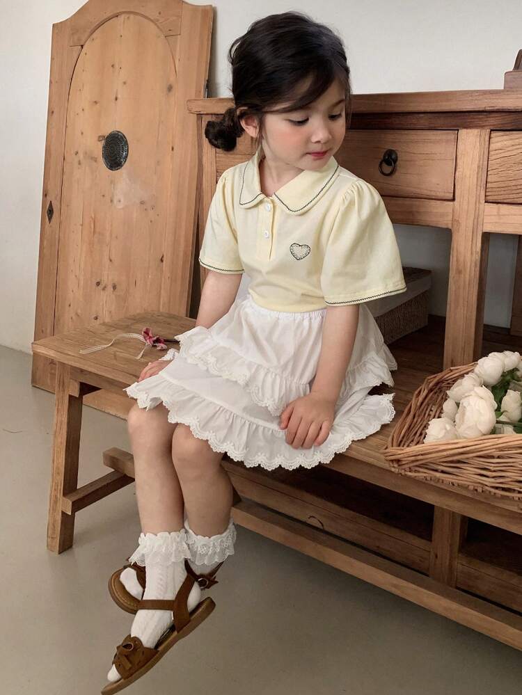 2セット ガールズサマーアウトフィット - ポロカラーショートスリーブTシャツとスカートセット