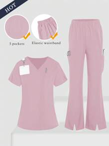 TaskEZ 2 件套女士医疗保健制服 - 纯色 V 领上衣和开衩长裤，手术服套装