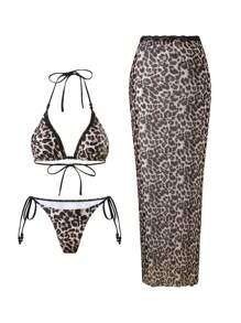 Swim SXY Sexy Leopard Print Lace Trim Bikini Set For Women, 3-Piece Swimsuit For Summer Beach Vacation