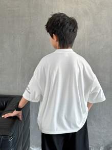 SHEIN Tween Boy White Summer Oversized Graphic City Break Korean Short Sleeve Letter & Graphic Print T-Shirt,Half-Neck Round Neck Casual Daily Wear Sports - White - View 2