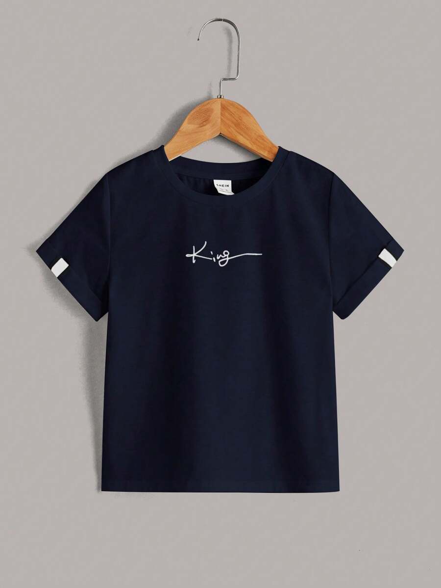 SHEIN Leap Crew 男童圆领休闲字母印花短袖T恤