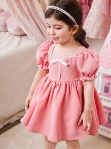 Vestido corto de verano elegante y lindo para bebé niña, con mangas con volantes y lazo rosa - Rosa - Ver 5