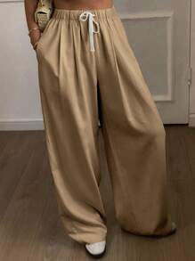 DAZY Women's Loose Straight Leg Pants With Elastic Waist And Drawstring, Casual, Autumn - Khaki - View 3