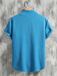 Manfinity Homme Áo sơ mi nam tay ngắn, đơn hàng khuy đơn màu, thường ngày, đi làm, áo sơ mi nam, áo sơ mi nam dáng ôm, áo sơ mi nam thường ngày, áo sơ mi mùa hè cho nam - Xanh đậm - Xem 2