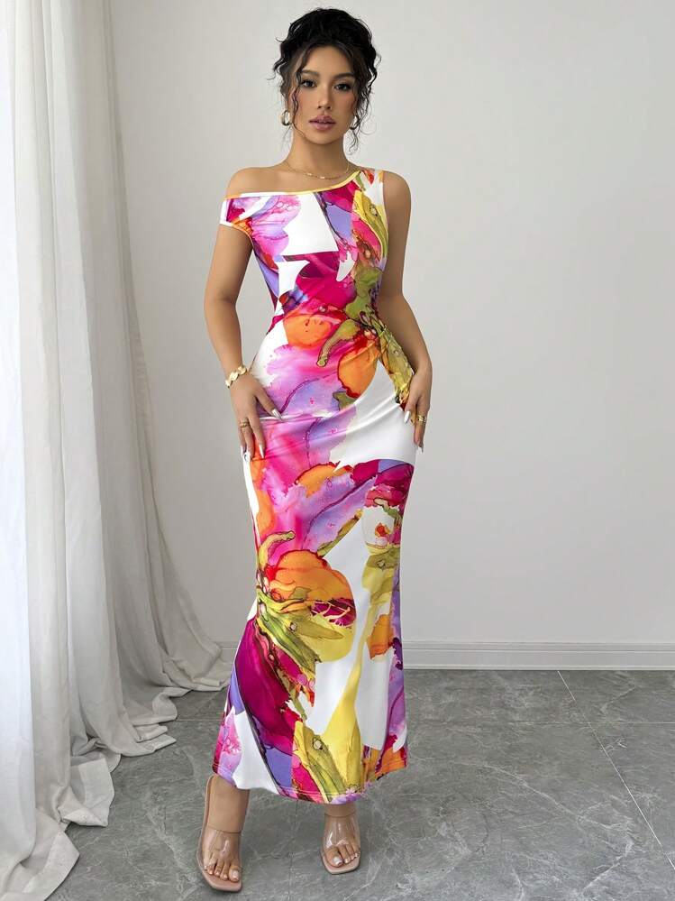 Elenzga 1 pieza Vestido ajustado con estampado floral y cintura ceñida en el hombro oblicuo - Multicolor - Añade 4