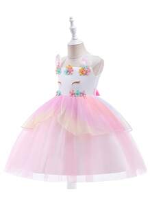 SHEIN Girls' Rainbow Tulle Unicorn Costume Princess Dress, Children's Halloween Christmas Performance Wear - Purple - View 3