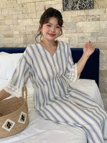 Dazy Plus Plus Size V-Neck Striped Flare Sleeve Long Nightgown Pajama - White - View 8