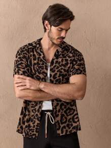 HIMLAND Men Leopard Button Front Short Sleeve Shirt - Brown - View 6
