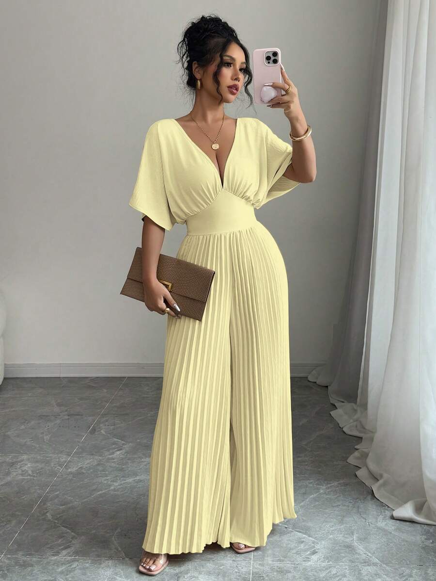 Lyxana Solid Color Deep V-Neck Bat-Wing Pleated Elegant Women's Jumpsuit - Yellow - View 1