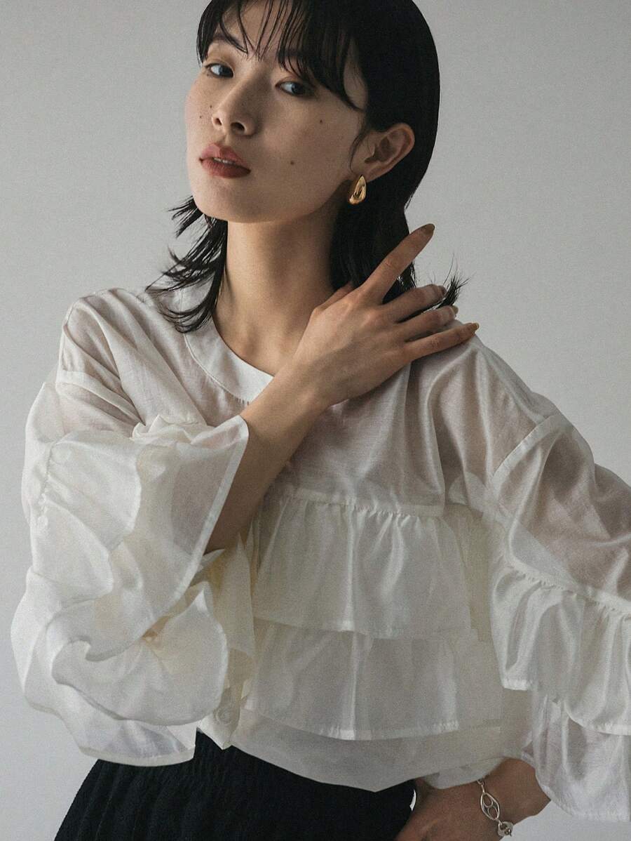 FRIFUL Damen Urlaubs-Layering-Volant-Saum locker geschnittenes einfarbiges Rundhals-Shirt, Übergangszeit Frühling/Sommer Langarm-Oberteil - Weiss - Übersicht 1