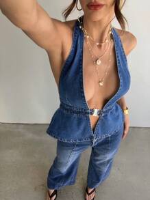 Aloruh Top corto de denim con escote profundo en V, cierre metálico en la espalda y cuello halter, ideal para vacaciones en la isla y festivales - Azul lavado oscuro - Ver 4