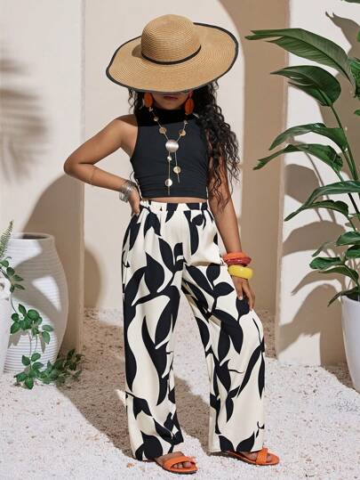 SHEIN Tween Girl Solid Color Knit Sleeveless Top And Woven Loose Pants Vacation 2 Pieces Set