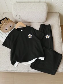 SHEIN Tween Girls Casual Knit Crew Neck Short Sleeve Top And Straight Leg Pants 2-Piece Set