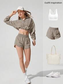 GLOWMODE 编织透气高腰提臀跑步短裤，带口袋，低冲击休闲日常健身夏季 - 卡其色 - 查看 6