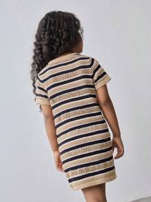 Ontre Young Girl Fashionable Minimalist Versatile Ribbed Striped Short Sleeve Fit & Flare Round Neck Front Button Knit Dress, Suitable For Outdoor, Home, Back To School, Spring/Summer - Black and White - View 2