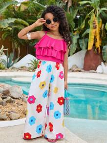 Tween Girls' Solid Ruffle Trim Cami Top & Floral Print Pants 2Pcs Set - Multicolor - View 5