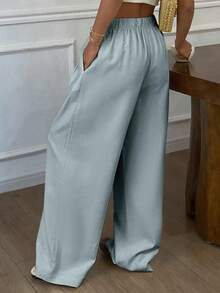 DAZY Solid Color Loose Straight Leg Pants With Elastic Waist And Drawstring, Casual Ladies Summer Long Trousers - Blue - View 2