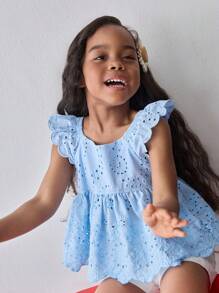 Maija Kids Maija Kids 年轻女孩夏季轻盈镂空刺绣荷叶边下摆 A 字形舒适可爱百搭简约时尚休闲吊带背心 - 藍色 - 查看 7