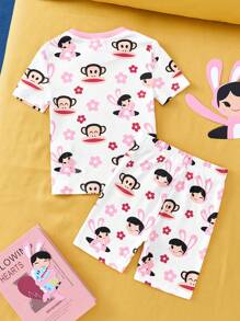 Paul Frank X SHEIN Young Girl Cartoon Cute Floral & Monkey Print Stretchy Summer Top & Shorts Pajama Set - Baby Pink - View 2