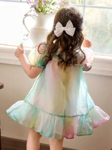 Vestido de verano elegante para niña con cuello de volantes, mangas abullonadas y ribete de volantes de organza verde - Verde - Ver 2