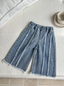 SHEIN LMoss Kids 女宝宝水洗浅蓝色阔腿牛仔裤，春夏休闲度假风 - 淺色水洗藍 - 查看 9