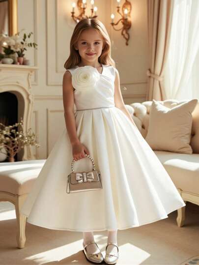 Elladie kids Girls' White 3D Rose Ruffle Back Tie Waist A-Line Midi Dress, Suitable For Wedding, Holiday, Birthday, Bachelorette Party And Other Occasions Fall Winter