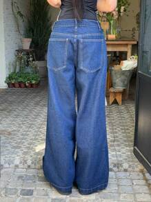 SHEIN ICON Women's Casual Pocketed High-Waisted Wide Leg Jeans